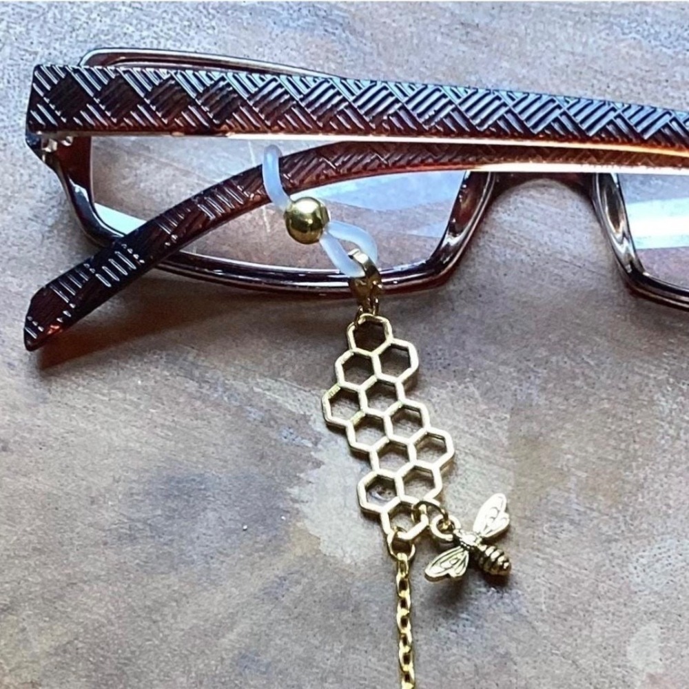 Honeycomb Bee Eyeglass Chain Whimsical Readers Holder Gold or Silver 27" Long - Picture 3 of 10